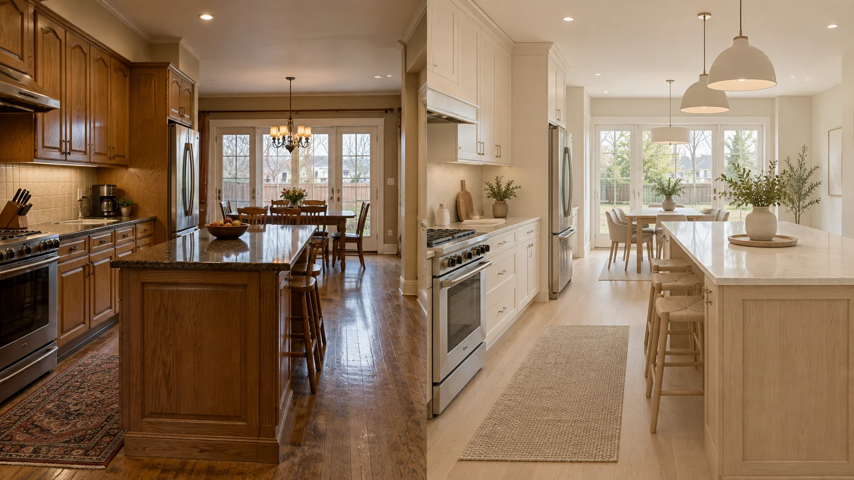 A dated Toronto kitchen shown beside its bright, modern renovation