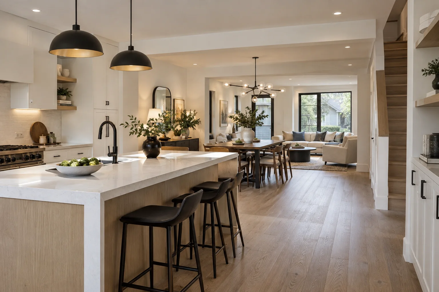 Bright, modern whole-home renovation connecting kitchen, dining and living spaces